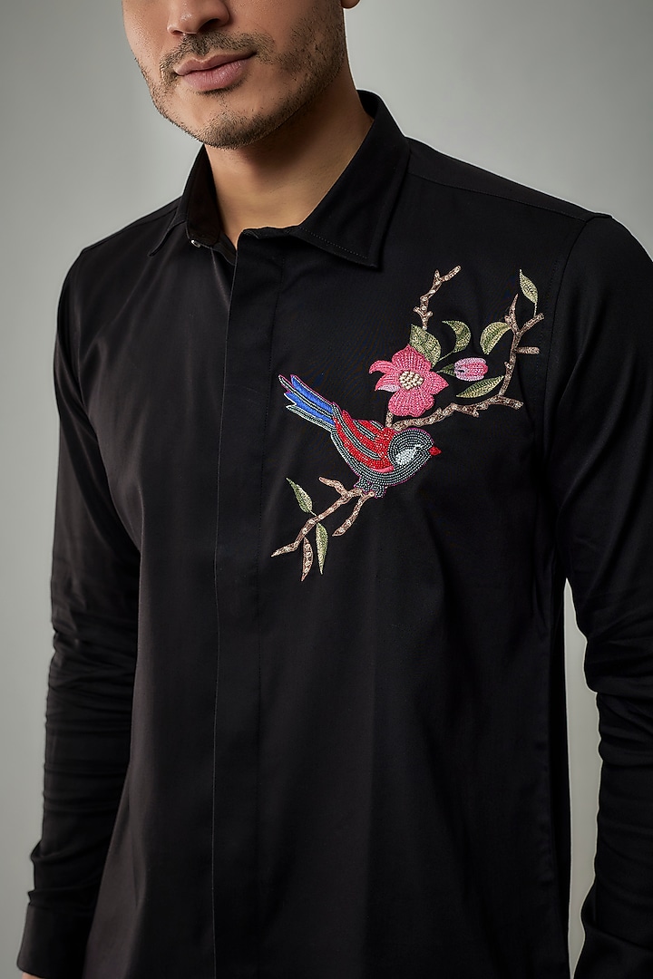 Black Cotton Lycra Aari Embroidered Handcrafted Party Wear Shirt by SAMMOHAN at Pernia's Pop Up Shop