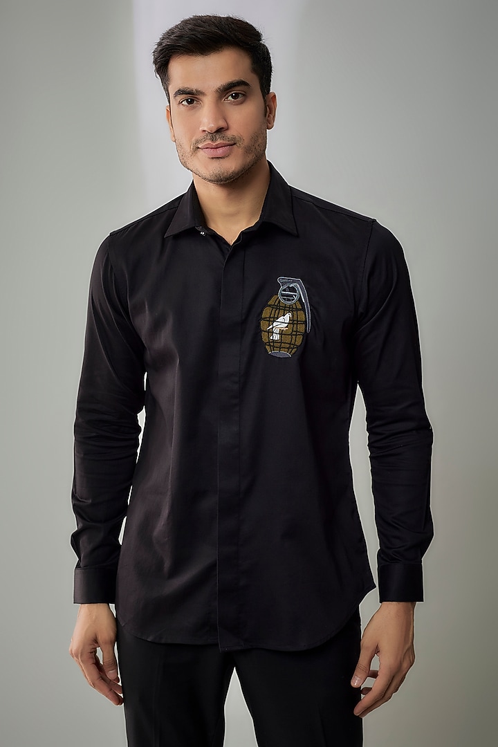 Black Cotton Lycra Aari Embroidered Handcrafted Party Wear Shirt by SAMMOHAN at Pernia's Pop Up Shop
