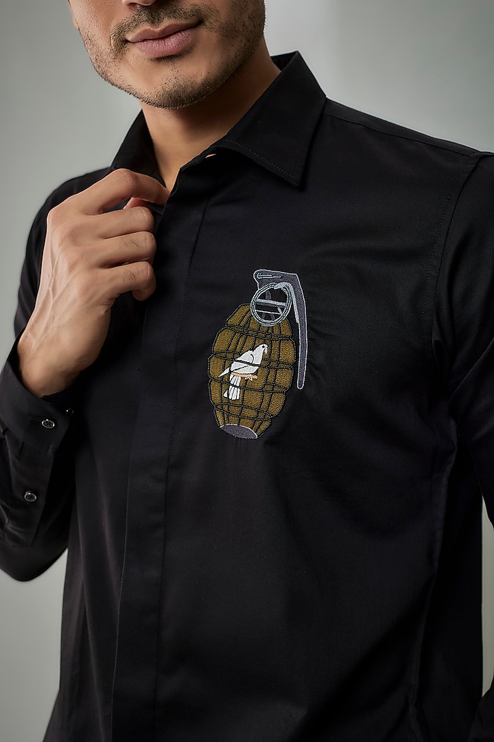Black Cotton Lycra Aari Embroidered Handcrafted Party Wear Shirt by SAMMOHAN at Pernia's Pop Up Shop