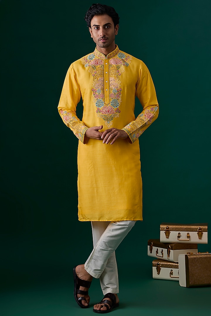 Yellow Silk Embroidered Kurta Set by SAMMOHAN