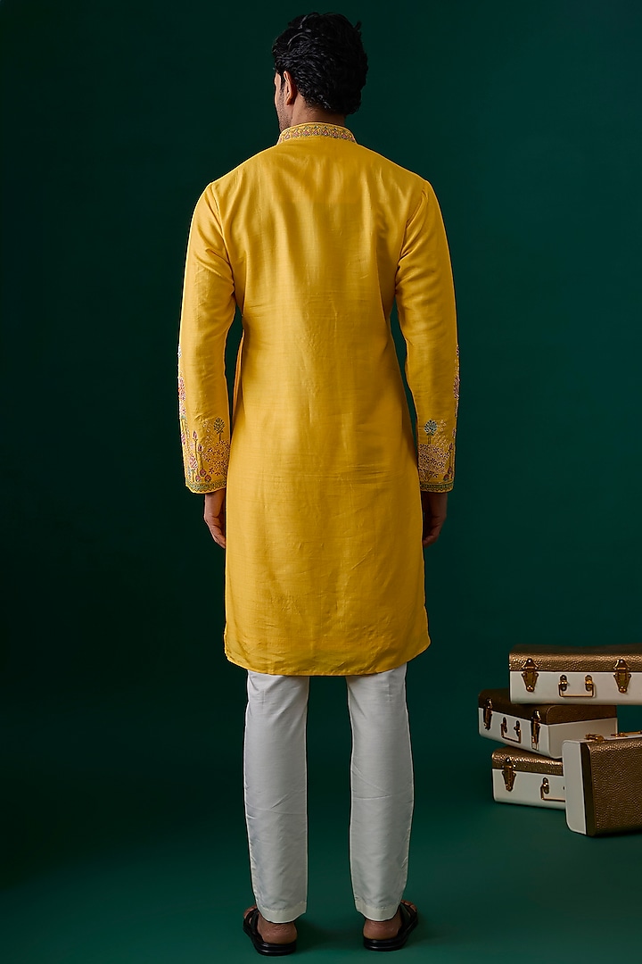 Yellow Silk Embroidered Kurta Set by SAMMOHAN at Pernia's Pop Up Shop