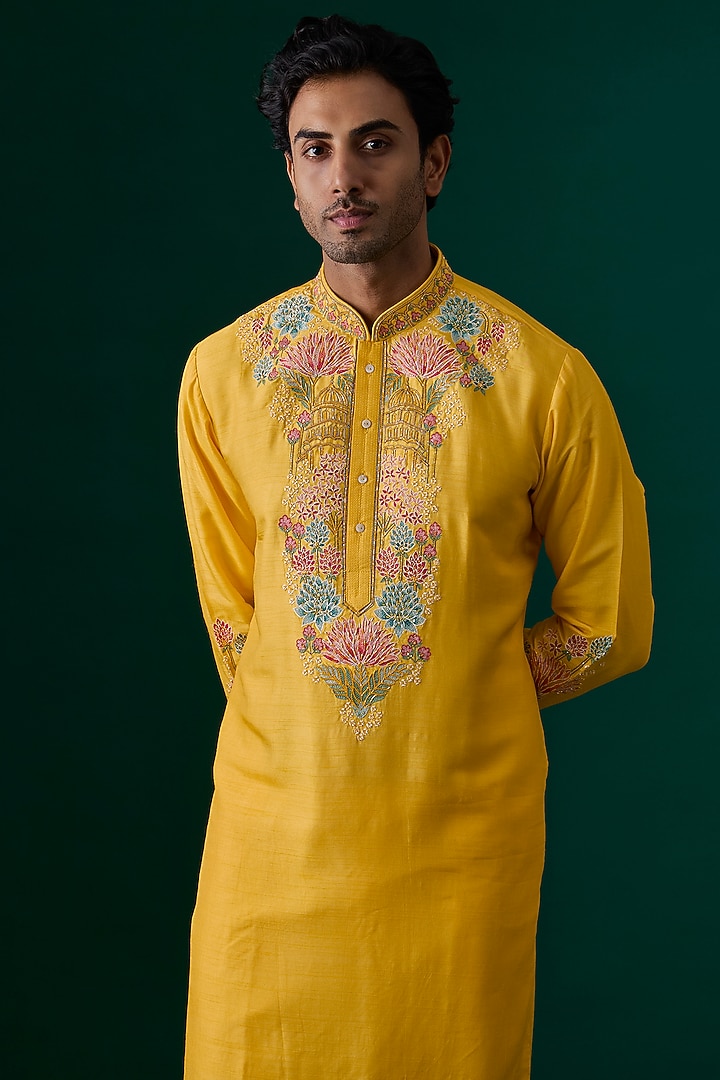 Yellow Silk Embroidered Kurta Set by SAMMOHAN at Pernia's Pop Up Shop