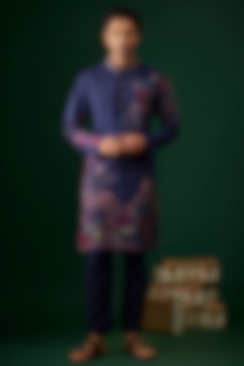 Navy Blue Silk Embroidered Kurta Set by SAMMOHAN