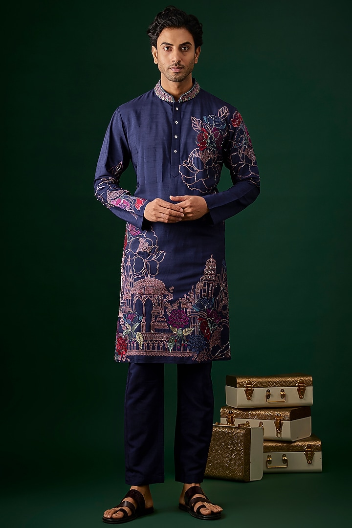 Navy Blue Silk Embroidered Kurta Set by SAMMOHAN