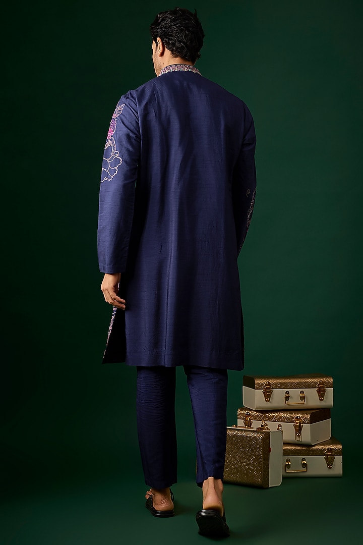 Navy Blue Silk Embroidered Kurta Set by SAMMOHAN at Pernia's Pop Up Shop