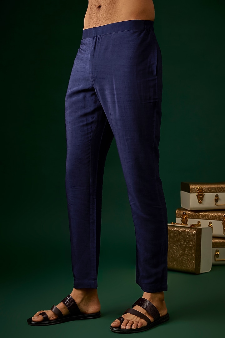 Navy Blue Silk Embroidered Kurta Set by SAMMOHAN at Pernia's Pop Up Shop