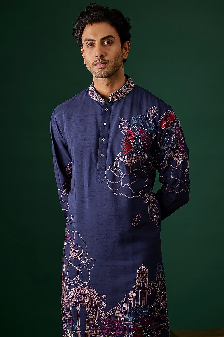 Navy Blue Silk Embroidered Kurta Set by SAMMOHAN at Pernia's Pop Up Shop