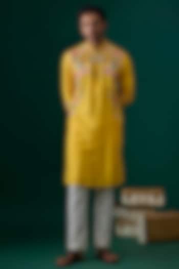 Yellow Silk Embroidered Kurta Set by SAMMOHAN