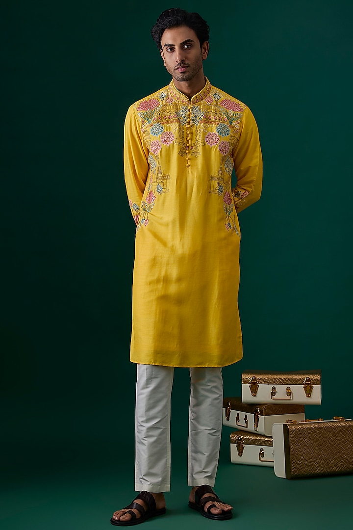 Yellow Silk Embroidered Kurta Set by SAMMOHAN