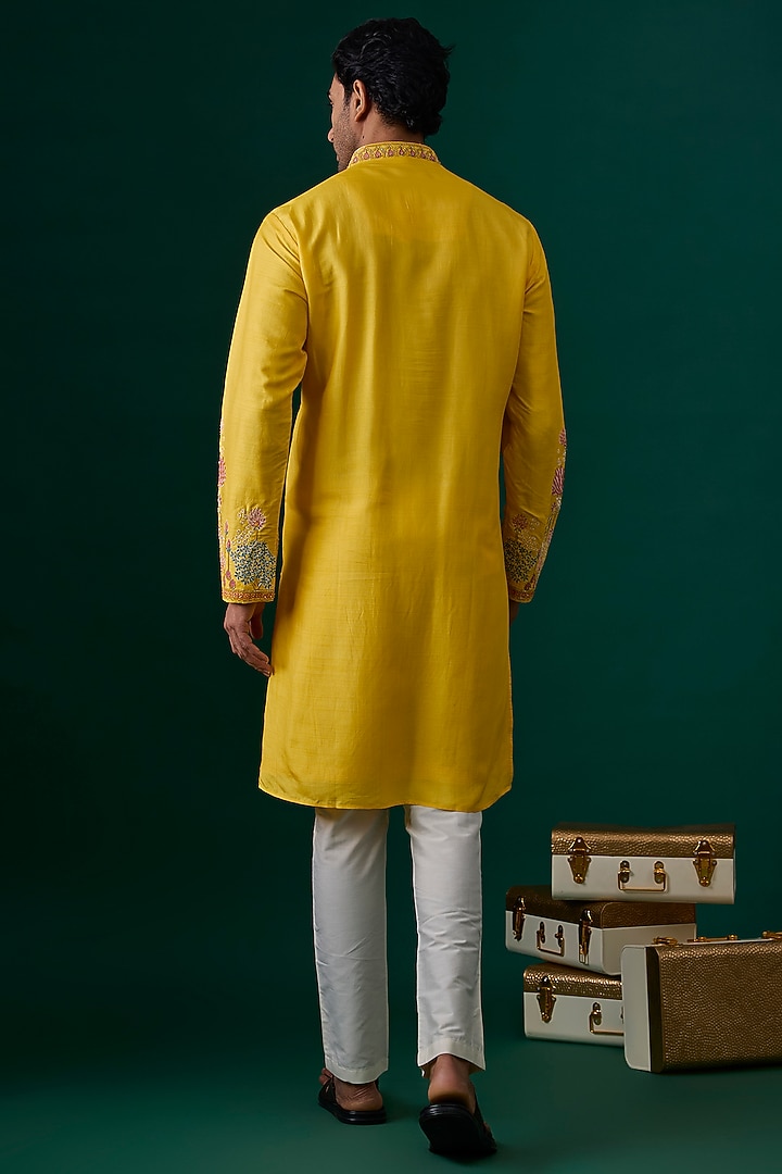 Yellow Silk Embroidered Kurta Set by SAMMOHAN at Pernia's Pop Up Shop