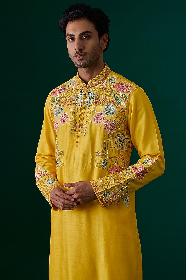 Yellow Silk Embroidered Kurta Set by SAMMOHAN at Pernia's Pop Up Shop
