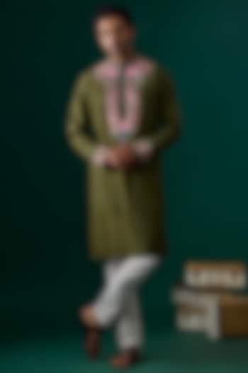 Mehendi Green Silk Embroidered Kurta Set by SAMMOHAN