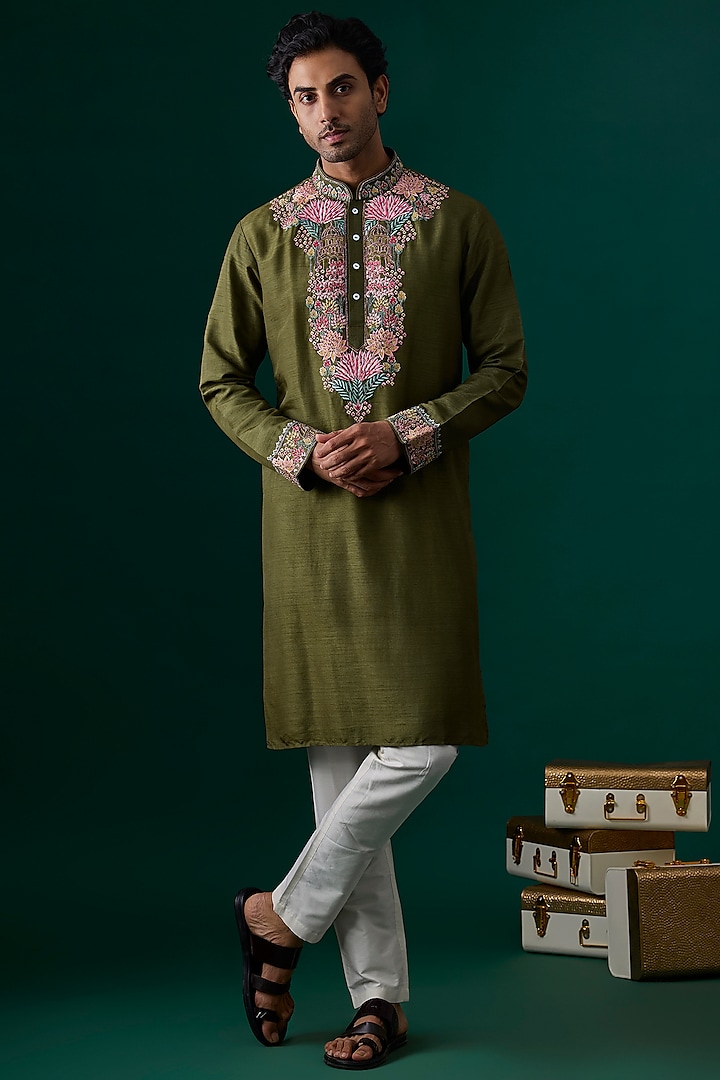 Mehendi Green Silk Embroidered Kurta Set by SAMMOHAN