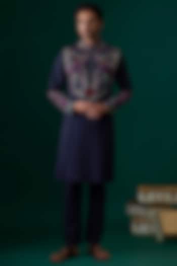 Navy Blue Silk Embroidered Kurta Set by SAMMOHAN
