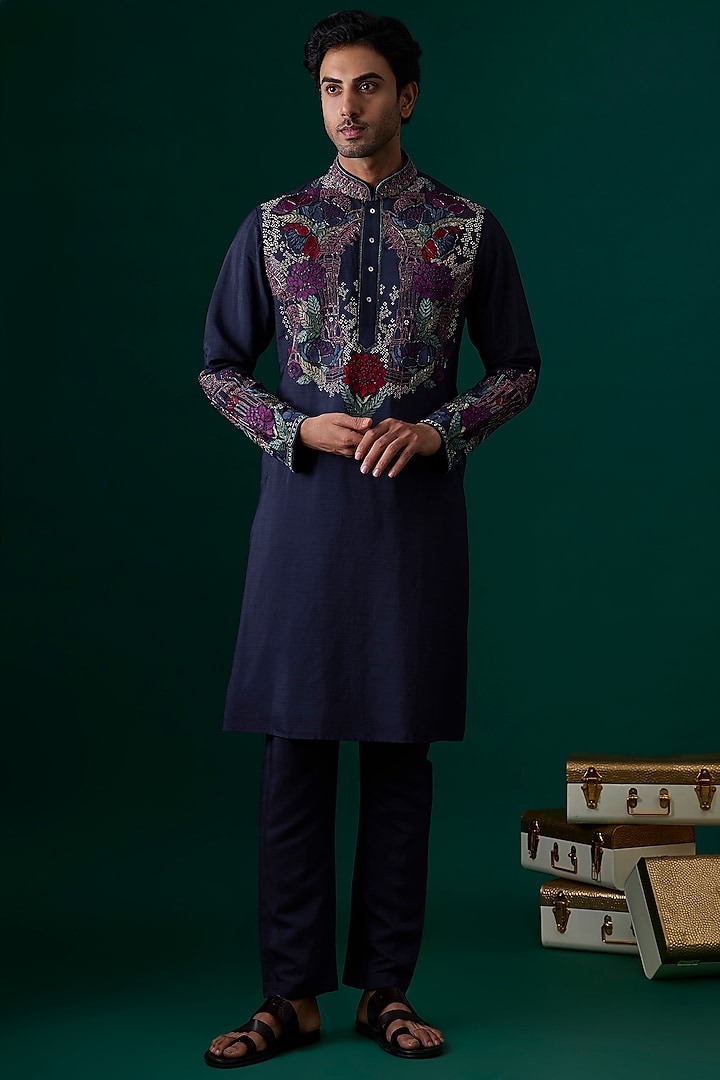 Navy Blue Silk Embroidered Kurta Set by SAMMOHAN