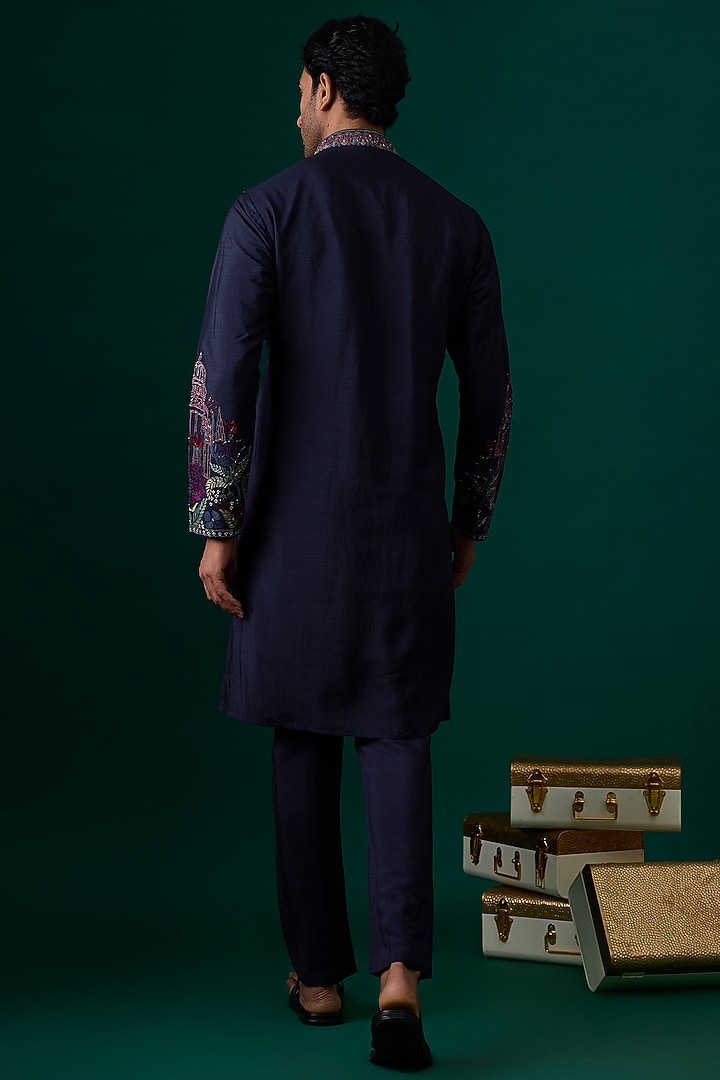 Navy Blue Silk Embroidered Kurta Set by SAMMOHAN at Pernia's Pop Up Shop