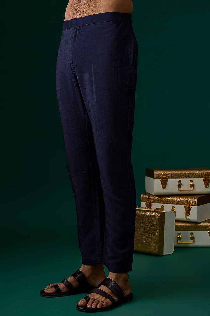 Navy Blue Silk Embroidered Kurta Set by SAMMOHAN at Pernia's Pop Up Shop