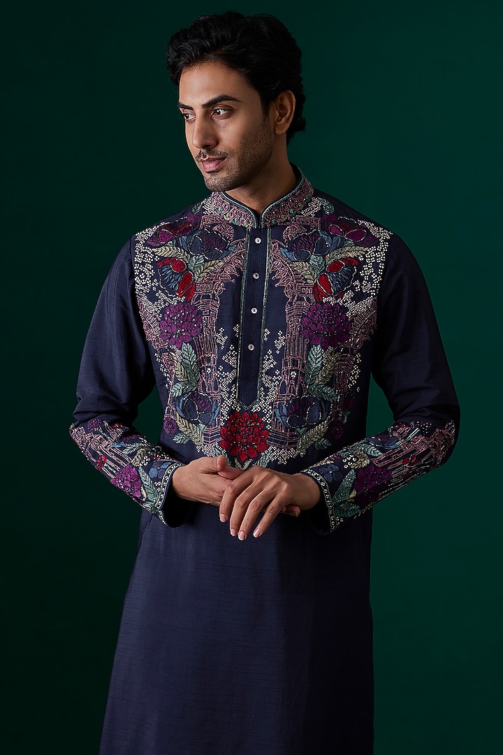 Navy Blue Silk Embroidered Kurta Set by SAMMOHAN at Pernia's Pop Up Shop