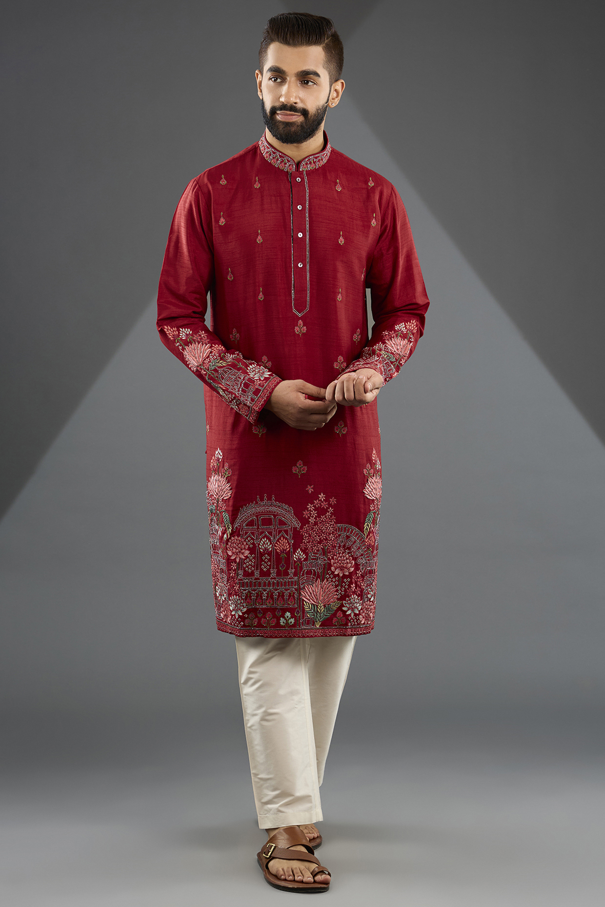 Red Silk Embroidered Kurta Set by SAMMOHAN