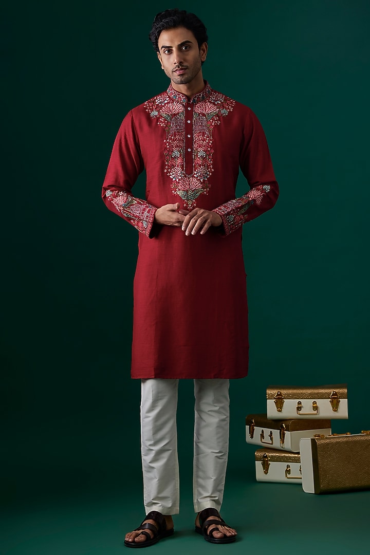 Red Silk Embroidered Kurta Set by SAMMOHAN