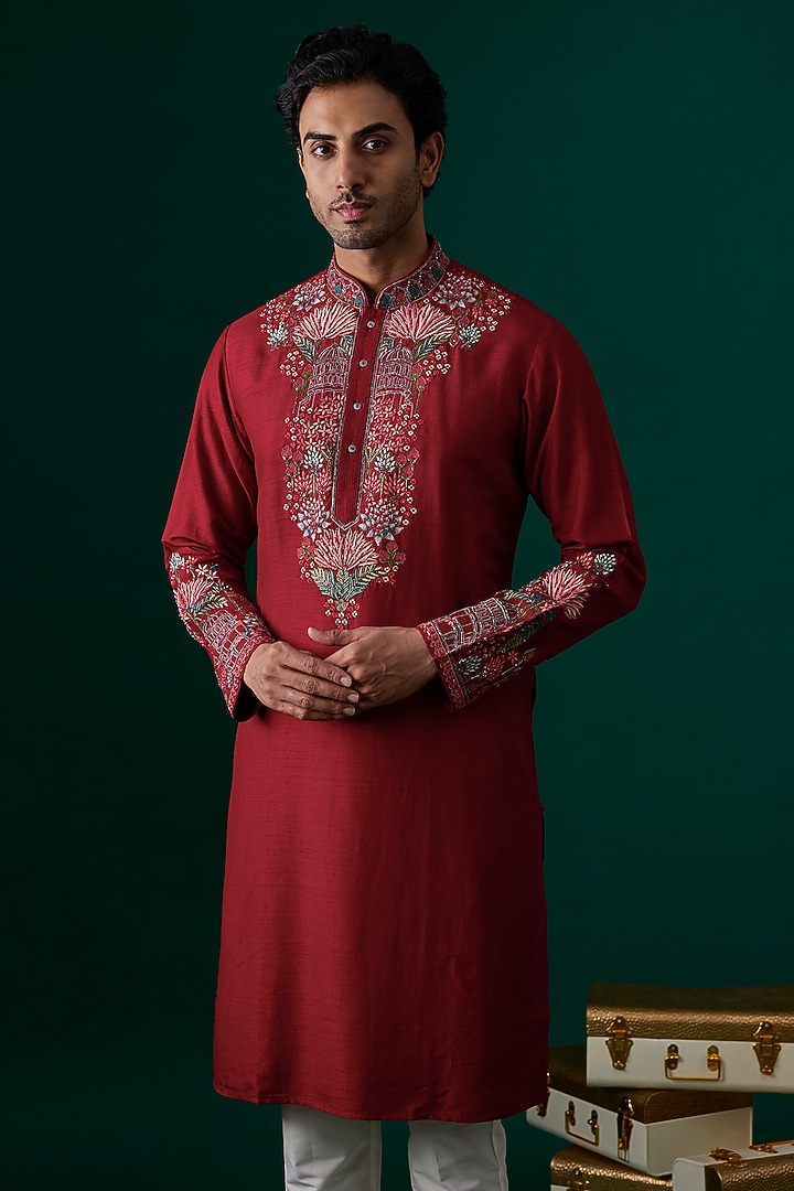 Red Silk Embroidered Kurta Set by SAMMOHAN at Pernia's Pop Up Shop