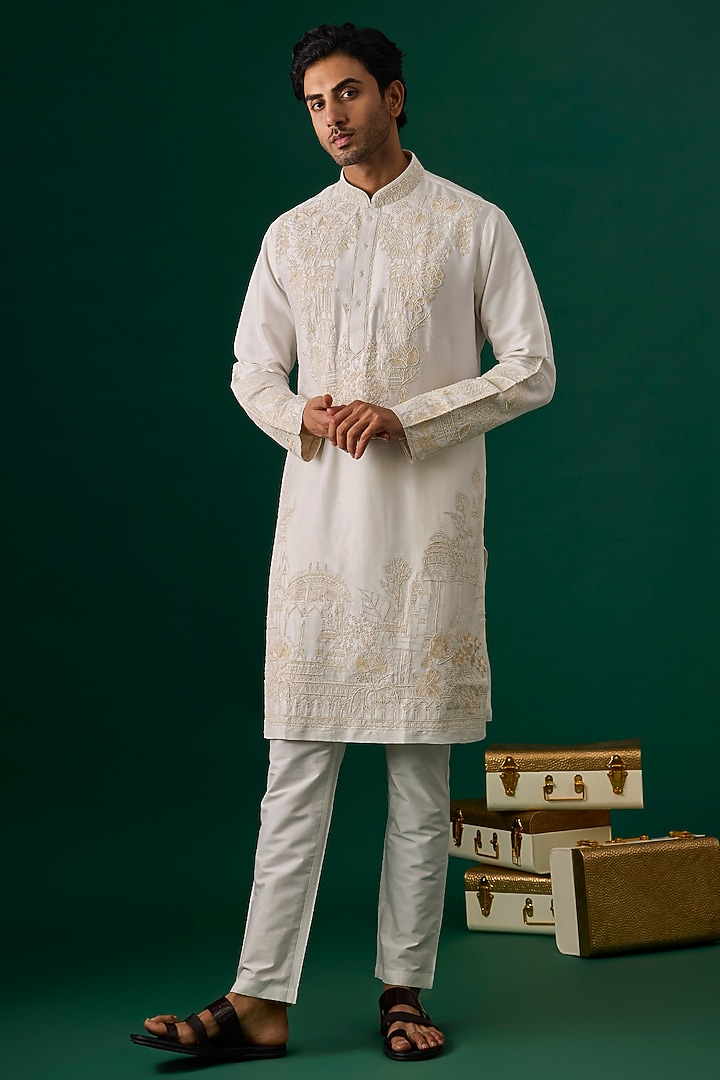 Off-White Silk Embroidered Kurta Set by SAMMOHAN