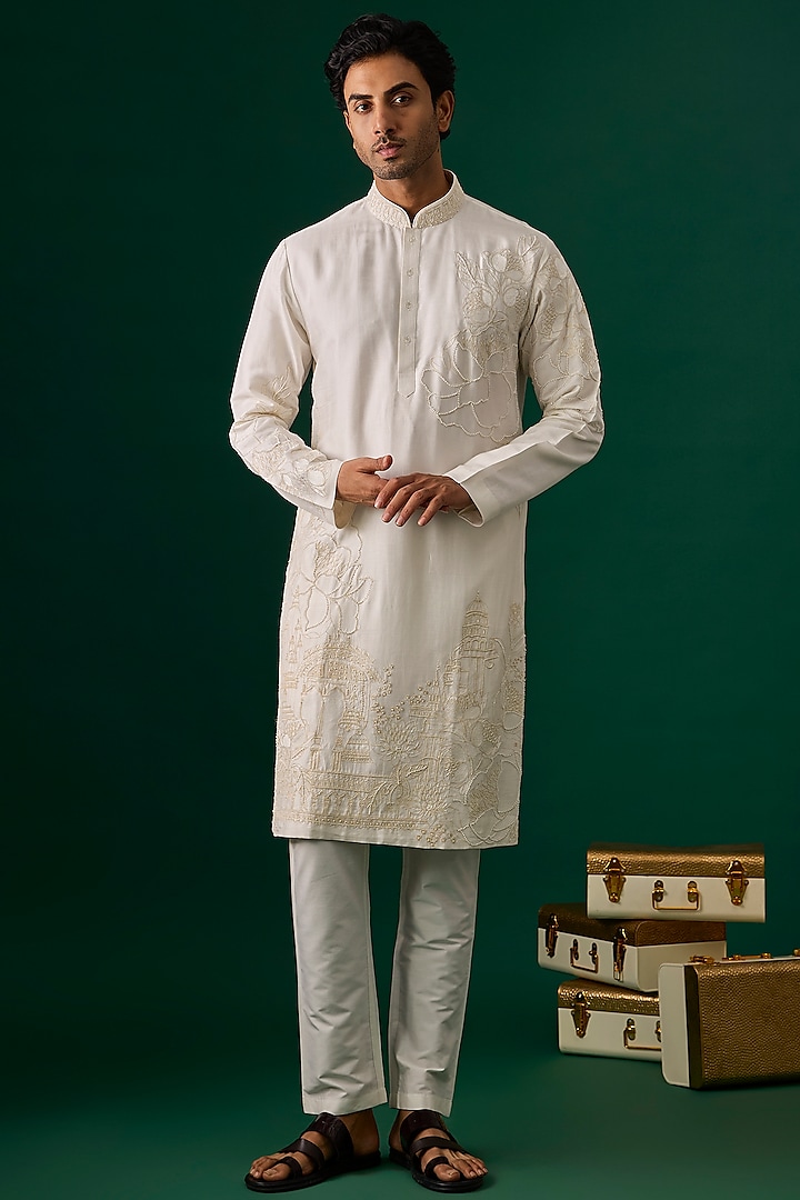Off-White Silk Embroidered Kurta Set by SAMMOHAN