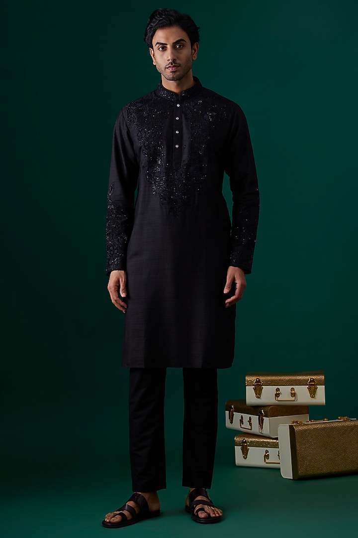 Black Silk Kurta Set by SAMMOHAN at Pernia's Pop Up Shop
