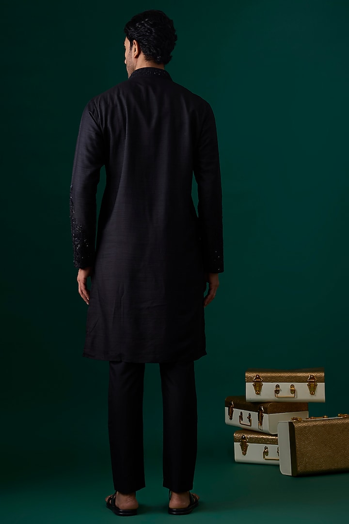 Black Silk Kurta Set by SAMMOHAN at Pernia's Pop Up Shop