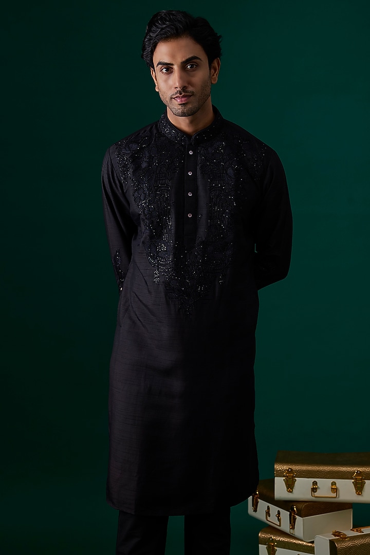 Black Silk Kurta Set by SAMMOHAN at Pernia's Pop Up Shop