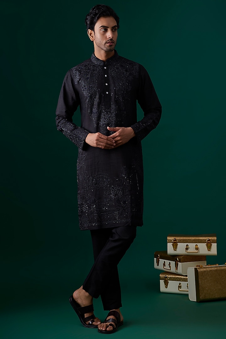 Black Silk Kurta Set by SAMMOHAN at Pernia's Pop Up Shop