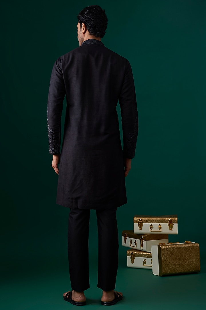 Black Silk Kurta Set by SAMMOHAN at Pernia's Pop Up Shop