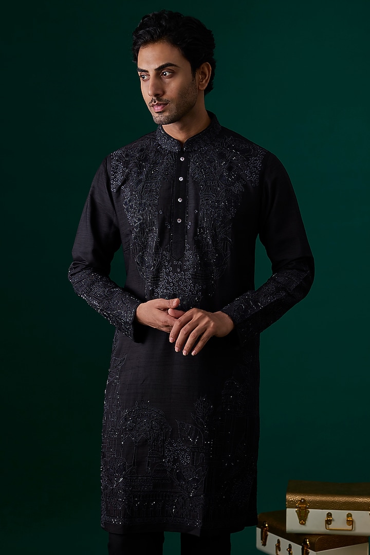 Black Silk Kurta Set by SAMMOHAN at Pernia's Pop Up Shop