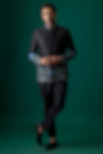 Black Silk Groom Bandhgala Set by SAMMOHAN at Pernia's Pop Up Shop