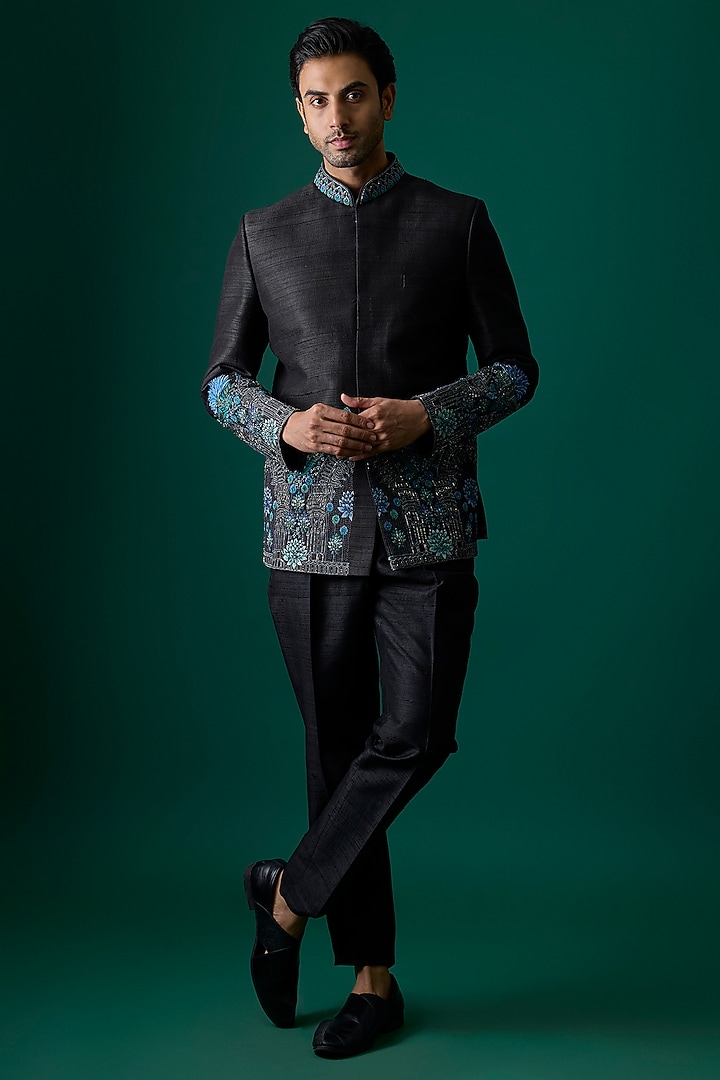 Black Silk Groom Bandhgala Set by SAMMOHAN at Pernia's Pop Up Shop