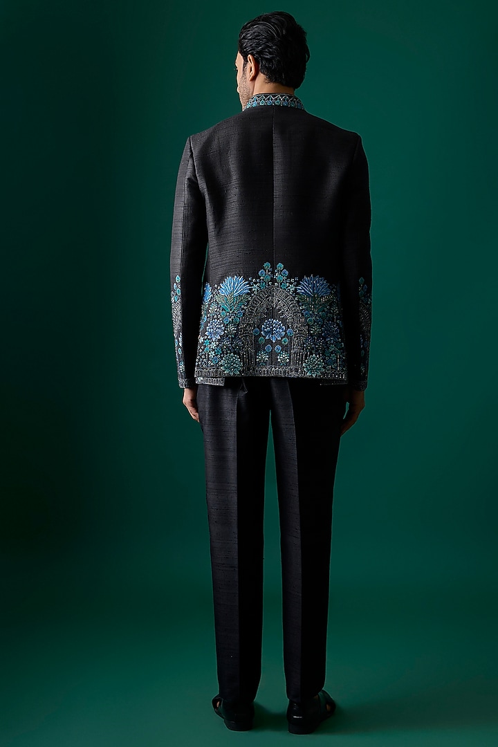 Black Silk Groom Bandhgala Set by SAMMOHAN at Pernia's Pop Up Shop