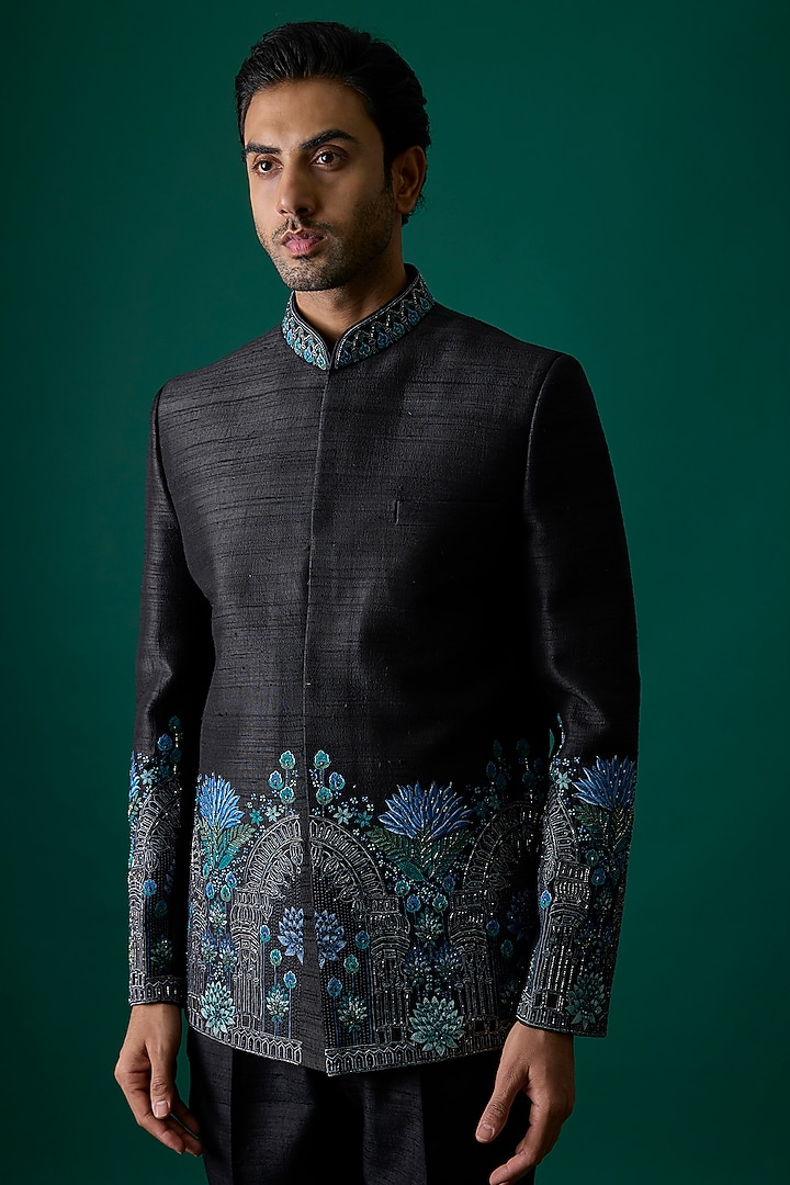Black Silk Groom Bandhgala Set by SAMMOHAN at Pernia's Pop Up Shop