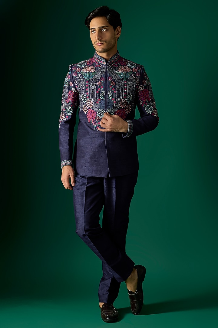 Navy Blue Silk Groom Bandhgala Set by SAMMOHAN at Pernia's Pop Up Shop