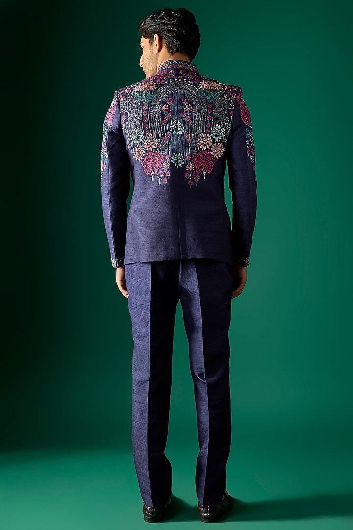 Navy Blue Silk Groom Bandhgala Set by SAMMOHAN at Pernia's Pop Up Shop