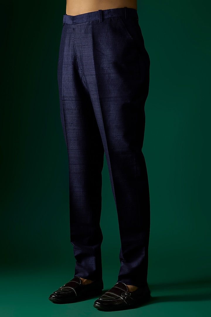 Navy Blue Silk Groom Bandhgala Set by SAMMOHAN at Pernia's Pop Up Shop