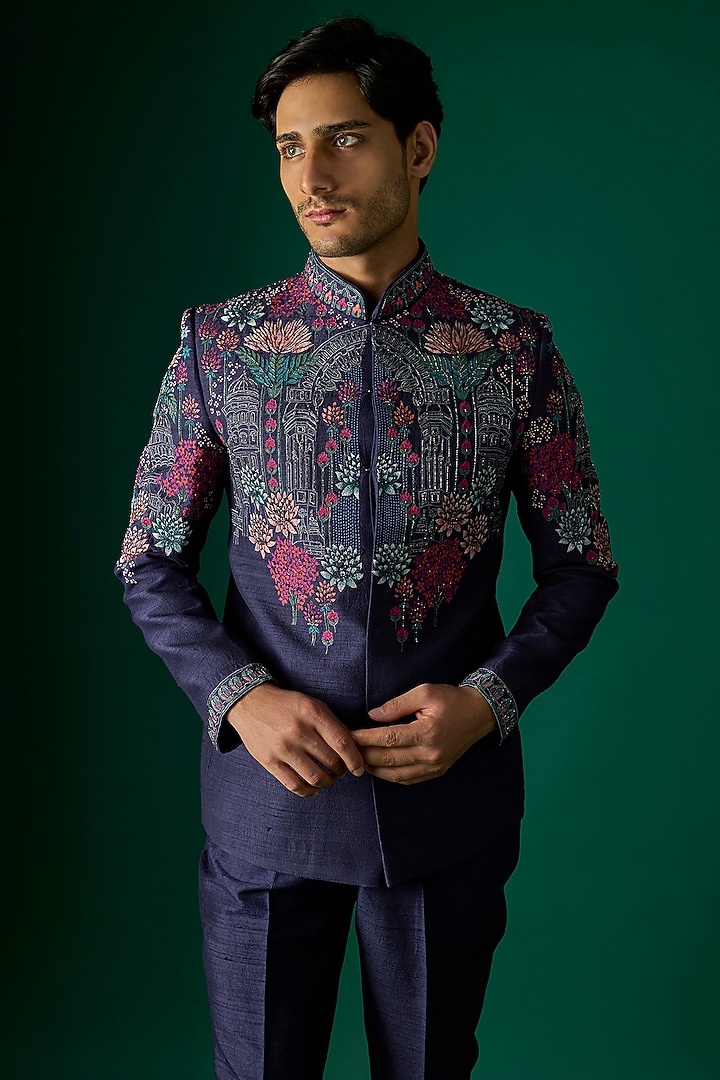 Navy Blue Silk Groom Bandhgala Set by SAMMOHAN at Pernia's Pop Up Shop