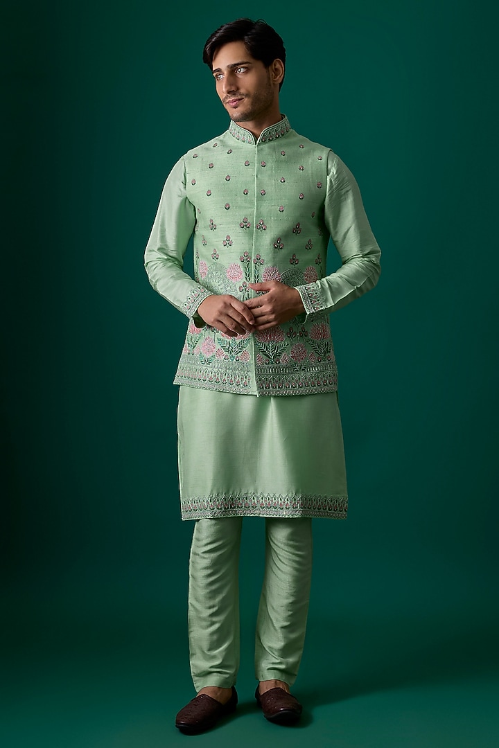 Mint Silk Bundi Jacket Set by SAMMOHAN at Pernia's Pop Up Shop