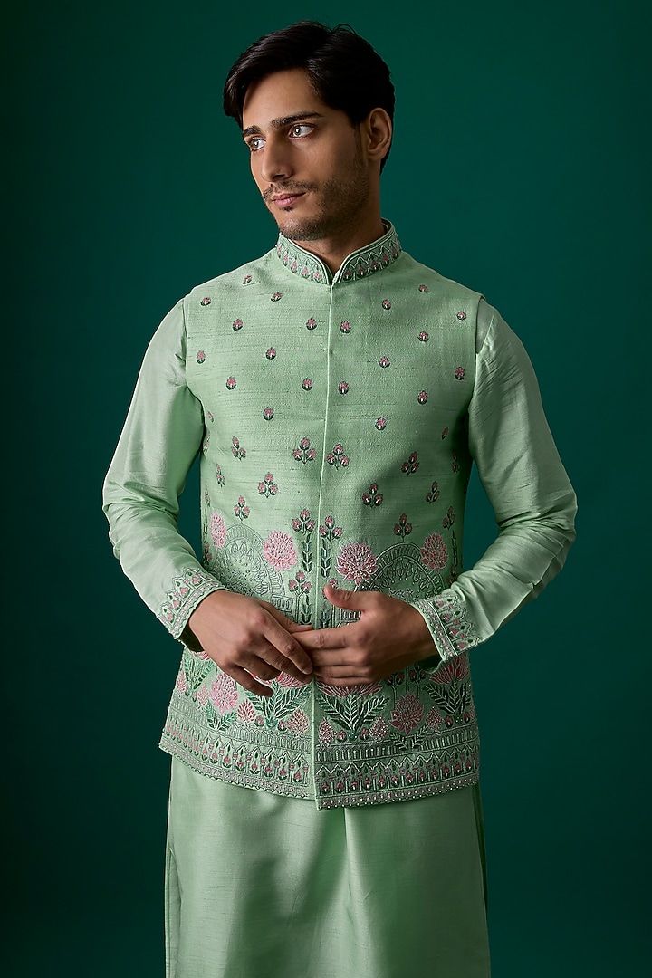 Mint Silk Bundi Jacket Set by SAMMOHAN at Pernia's Pop Up Shop