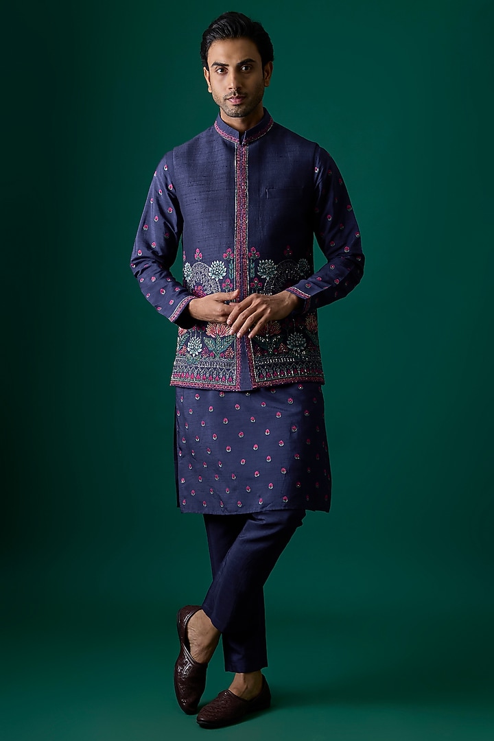 Navy Blue Silk Bundi Jacket Set by SAMMOHAN at Pernia's Pop Up Shop