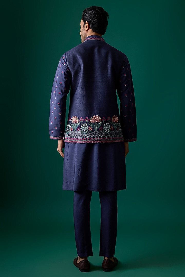 Navy Blue Silk Bundi Jacket Set by SAMMOHAN at Pernia's Pop Up Shop