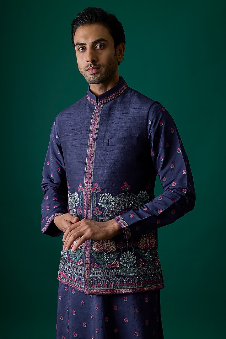 Navy Blue Silk Bundi Jacket Set by SAMMOHAN at Pernia's Pop Up Shop