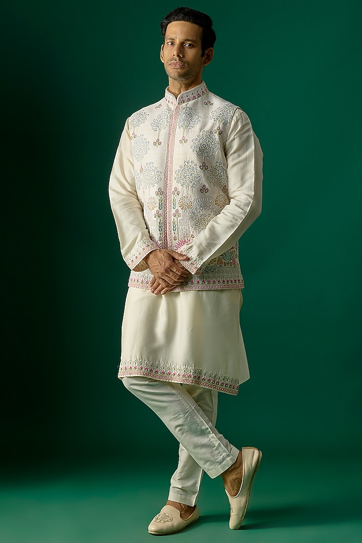 Off-White Silk Nehru Jacket Set by SAMMOHAN at Pernia's Pop Up Shop