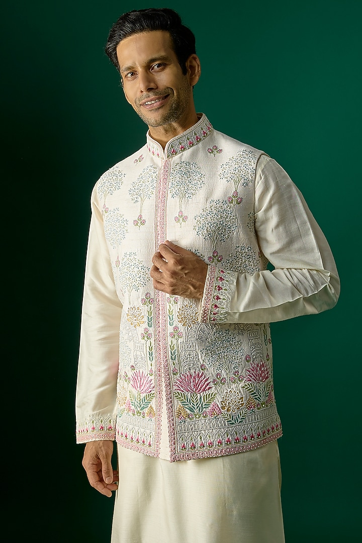 Off-White Silk Nehru Jacket Set by SAMMOHAN at Pernia's Pop Up Shop