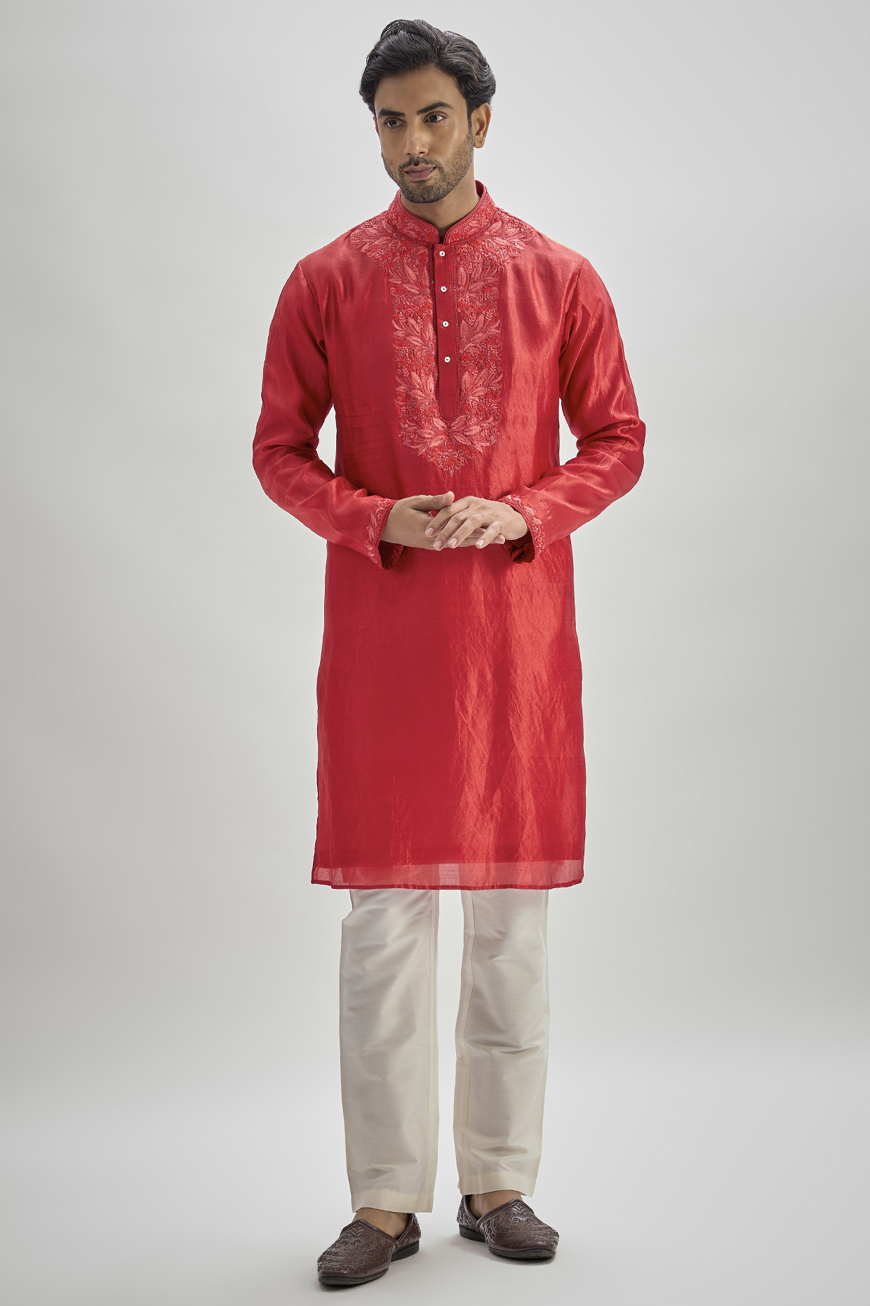 Red Silk Hand & Machine Embroidered Kurta Set by SAMMOHAN