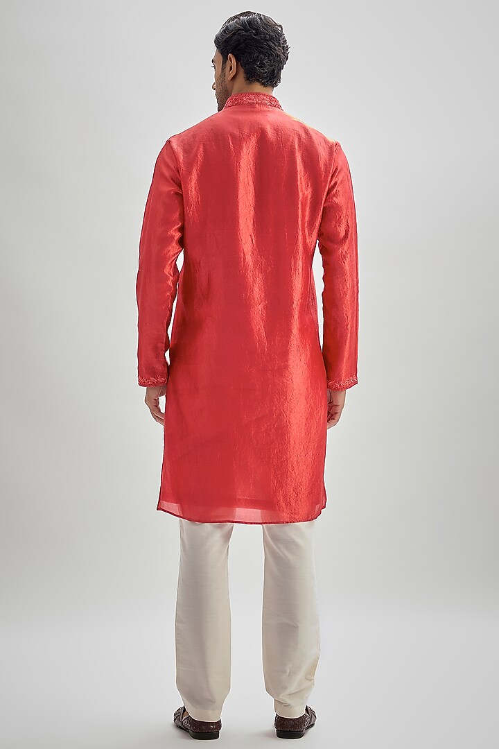 Red Silk Hand & Machine Embroidered Kurta Set by SAMMOHAN at Pernia's Pop Up Shop